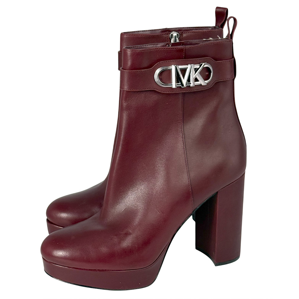 MICHAEL KORS MULBERRY LEATHER PARKER LOGO DETAIL PLATFORM ANKLE BOOTIES BOOTS 10